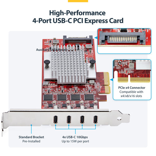4-Port USB Type-C PCIe Expansion Card 10Gbps Red