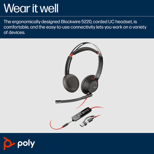 Headset HP Poly Blackwire 5220 Stereo USB-C 3.5mm Plug Wired 165.2g - 8X231AA