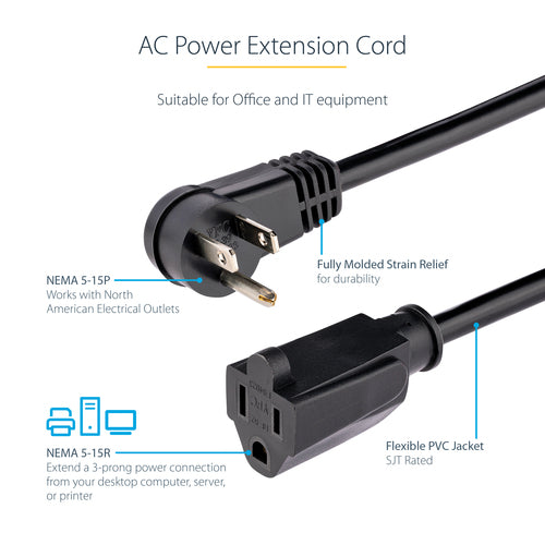 Power Extension Cord StarTech.com PAC101R1 1ft Right Angle 16AWG UL Listed Black
