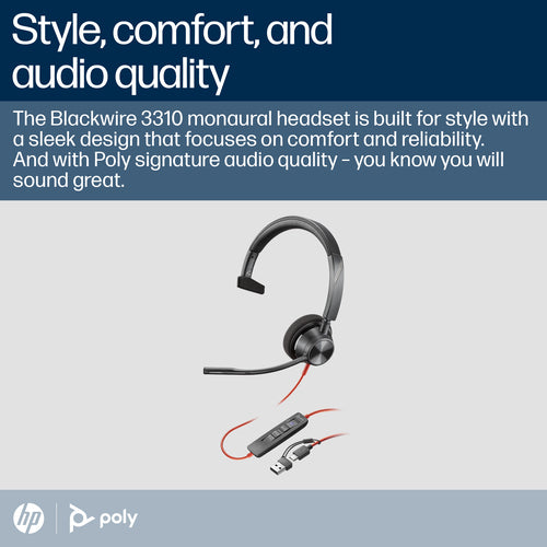 USB-C Headset HP Poly Blackwire 3310 Monaural Microsoft Teams Certified Wired 103g - 8X216AA