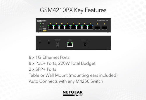 Network Switch NETGEAR GSM4210PX 8x1G PoE+ 220W 2x SFP+ Rack Mounting - GSM4210PX-100EUS