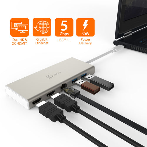 USB-C Dual HDMI Mini Dock j5create JCD381 4K 60W Ethernet USB 3.1 Hub - JCD381-N