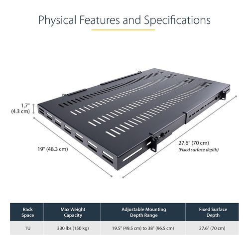 Server Rack Shelf StarTech ADJSHELFHDV Adjustable 330lbs 1U Steel