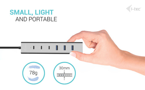 USB-C Metal Hub 7-Port i-tec Charging Hub 3x USB-C 4x USB-A 15W