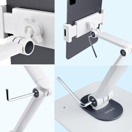 Adjustable Tablet Stand for Desk Wall Mountable 2.2lb Capacity Ergonomic Articulating White Aluminium Steel