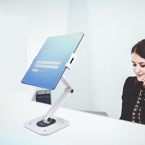 Adjustable Tablet Stand for Desk Wall Mountable 2.2lb Capacity Ergonomic Articulating White Aluminium Steel