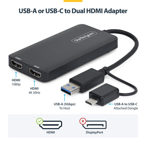 USB to Dual HDMI Adapter StarTech.com 4K30Hz 1080p USB-A/C - 107B-USB-HDMI