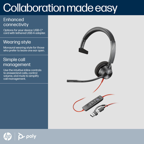 USB-C Headset HP Poly Blackwire 3310 Monaural Microsoft Teams Certified Wired 103g - 8X216AA
