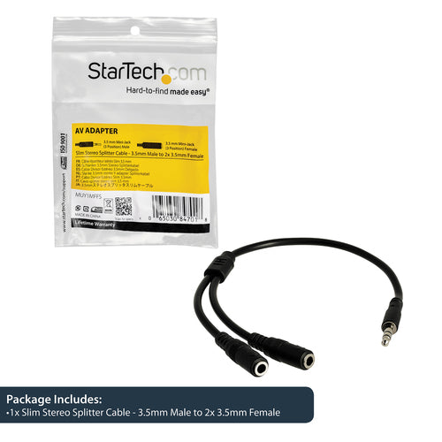 3.5mm Slim Stereo Splitter Cable Black 0.2m Male to 2x Female
