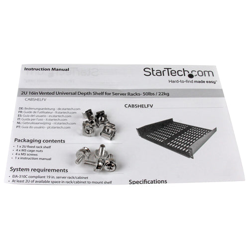 Rack Shelf StarTech.com CABSHELFV 2U Vented Heavy Duty Steel 50lb Capacity - CABSHELFV