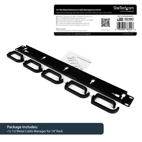 Cable Management Panel StarTech.com CABLMANAGER2 1U 19in Steel Black - CABLMANAGER2