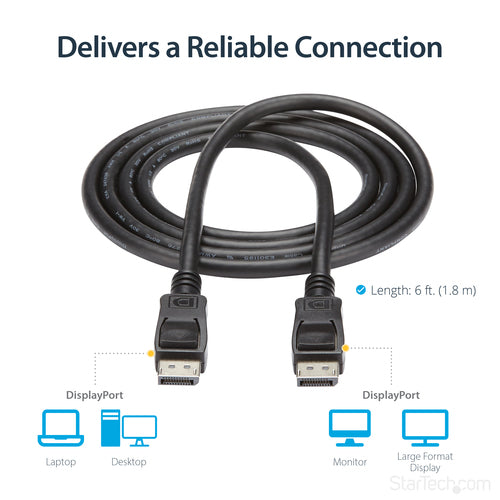 DisplayPort Cable StarTech.com DISPLPORT6L 6ft 4K VESA Certified Male to Male - DISPLPORT6L