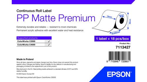 Printer Label Epson PP Matte 76mm x 29m Self-Adhesive Roll - 7113427