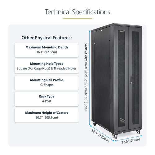 42U Server Rack Cabinet 4-Post Industrial Network Storage 907 kg Capacity