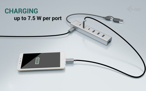 USB-C Metal Hub 7-Port i-tec Charging Hub 3x USB-C 4x USB-A 15W