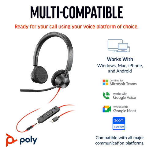 Headset HP Poly Blackwire 3325 Stereo USB-C +3.5mm Plug Wired - 8X222AA