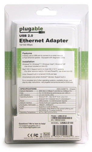 Plugable Technologies USB2-E100 10/100 LAN Wired Network Adapter - USB to Ethernet