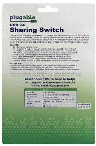 USB Sharing Switch Plugable Technologies USB 2.0 480 Mbit/s A/B Dual Computer