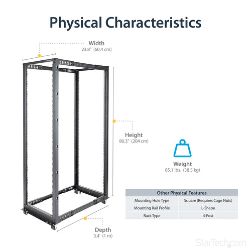 Rack Cabinet StarTech.com 4POSTRACK42 42U 600kg 40in Mounting Depth Freestanding - 4POSTRACK42