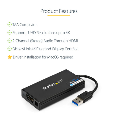 USB Graphics Adapter 4K Ultra HD HDMI DisplayLink Certified USB 3.0 Type-A for Mac & Windows