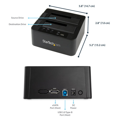 StarTech.com SDOCK2U33RE Dual Bay Hard Drive Duplicator - USB 3.0 & eSATA Cloner for 2.5/3.5" SATA Drives