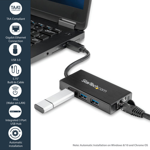 USB Hub StarTech.com 3-Port USB 3.0 Gigabit Ethernet 5Gbps Aluminum - ST3300GU3B