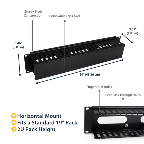 StarTech.com Horizontal 2U Cable Management Duct - Black Plastic & Steel Design