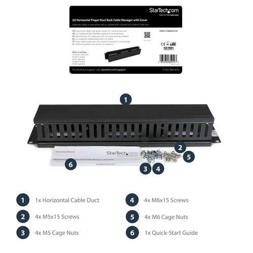 StarTech.com Horizontal 2U Cable Management Duct - Black Plastic & Steel Design