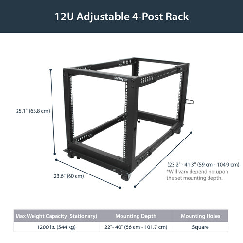 12U Open Frame Server Rack with Wheels Adjustable Depth 544kg Capacity