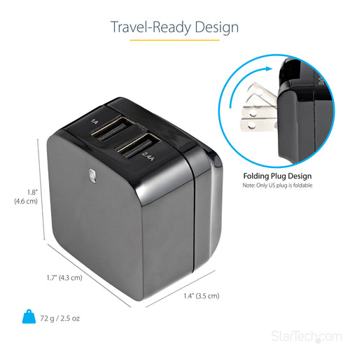 Mobile Device Charger StarTech.com USB2PACBK Dual USB 17W 3.4A