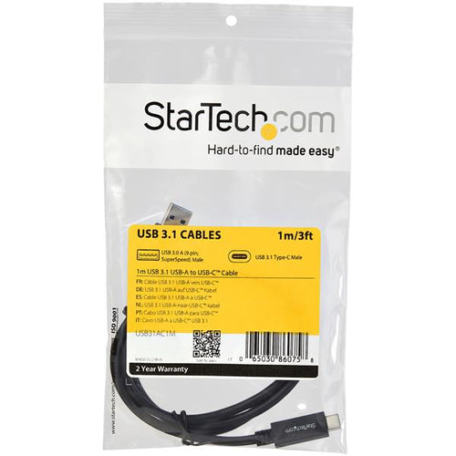USB Cable StarTech.com USB31AC1M 3ft USB-A to USB-C 10Gbps 3A - USB31AC1M