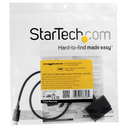 Adapter Cable StarTech USB 3.1 10Gbps USB-C Black for 2.5” SATA Drives - USB31CSAT3CB