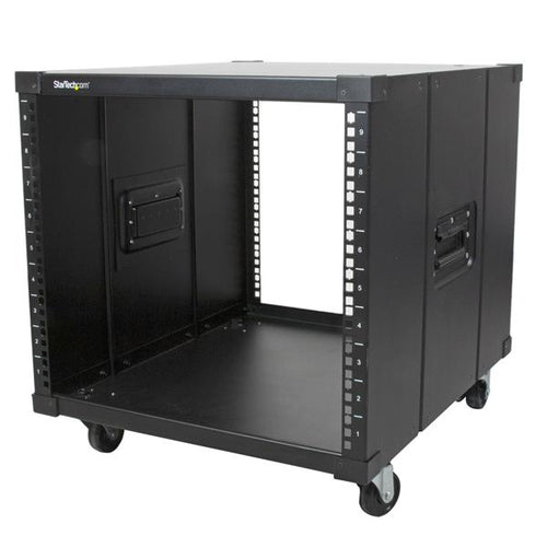 9U Mobile Open Frame Server Rack Black TAA Compliant 4-Post Rolling Rack