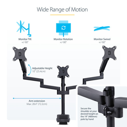 Monitor Mount StarTech.com 3MP2AG Triple Arm VESA 75x75/100x100 Tool-Less Adjustments - 3MP2AG-MONITOR-ARM