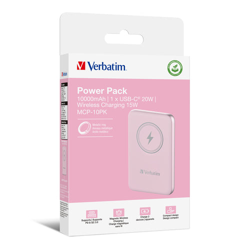 Verbatim Charge 'n' Go 10000mAh Wireless Power Bank - Pink - Quick Charge 3.0