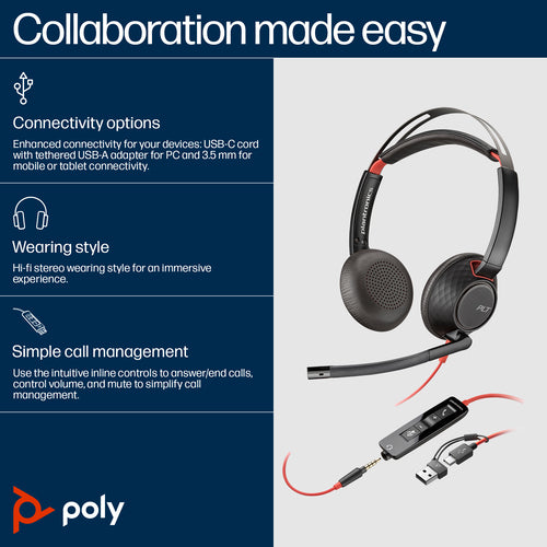 Wired Headset HP Poly Blackwire C5220 USB-C Inline Cable Office Call Center
