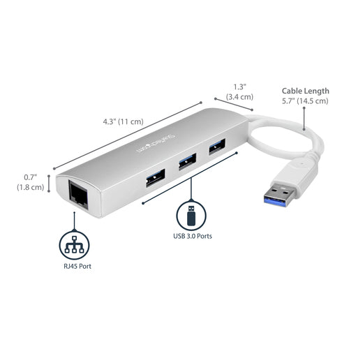 USB Hub StarTech.com 3-Port USB 3.0 Gigabit Ethernet 5Gbps Portable