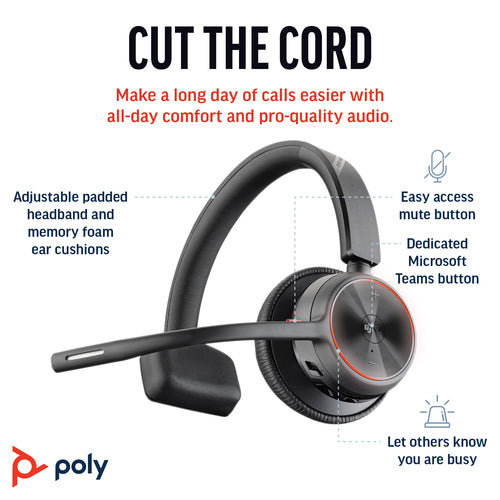 Headset HP Poly Voyager 4310 UC Wireless 20-20000 Hz Monaural Black - 77Y92AA