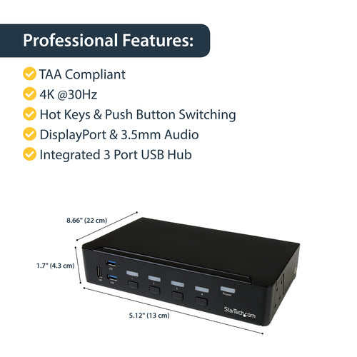 KVM Switch StarTech.com SV431DPU3A2 4-Port DisplayPort USB 3.0 4K 30Hz Rack Mount - SV431DPU3A2