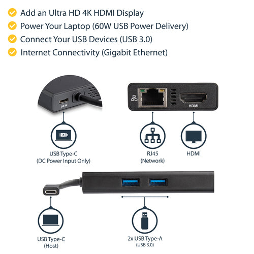 USB-C Travel Docking Station StarTech.com Multiport Adapter 4K HDMI 60W Power Delivery