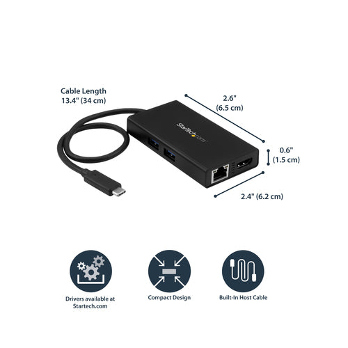 USB-C Travel Docking Station StarTech.com Multiport Adapter 4K HDMI 60W Power Delivery