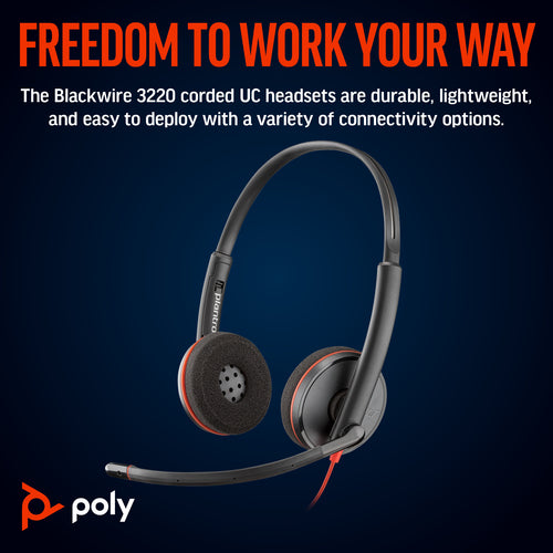 Wired USB-C Stereo Headset HP Poly Blackwire 3220 with Adapter