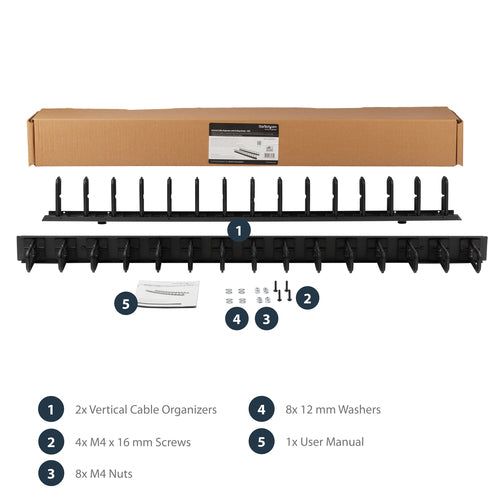 Vertical Cable Organizer with D-Ring Hooks 6 ft Steel Black - StarTech.com