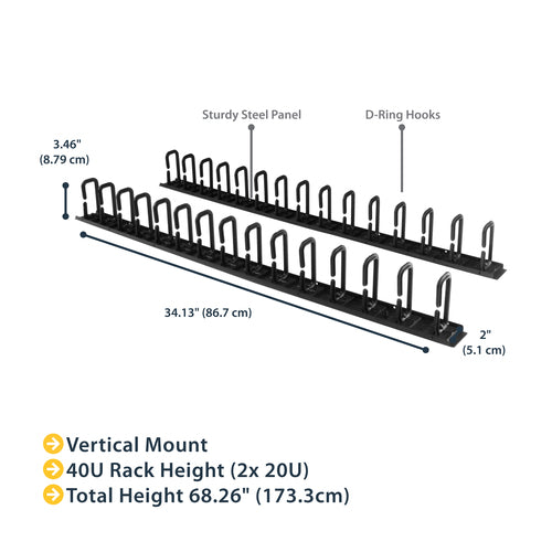 Vertical Cable Organizer with D-Ring Hooks 6 ft Steel Black - StarTech.com