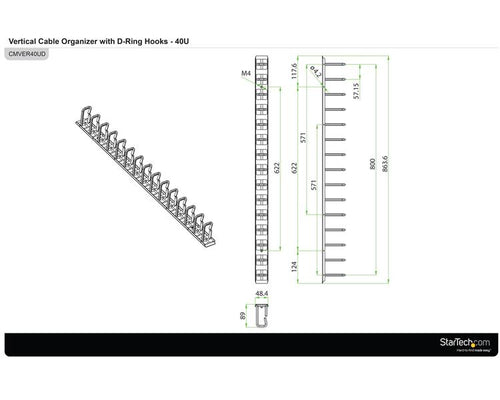 Vertical Cable Organizer with D-Ring Hooks 6 ft Steel Black - StarTech.com