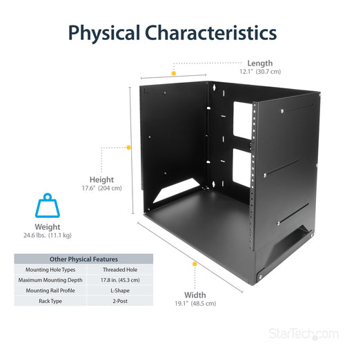 8U Wall-Mount Server Rack with Built-in Shelf Solid Steel Black