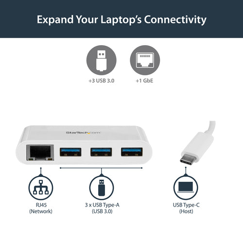USB-C Hub StarTech.com HB30C3A1GEA 3-Port Gigabit Ethernet 5Gbps - HB30C3A1GEA