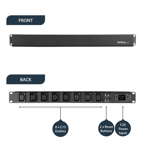 Power Distribution Unit StarTech PDU08C13H 8 AC Outlets 16A 240V 1U Rack Mount