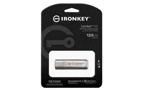 USB Flash Drive Kingston IronKey Locker+ 50 128GB 256-Bit Encryption 145MB/s USB 3.2 Gen 1