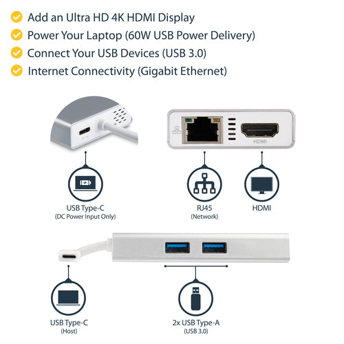 USB-C Multiport Adapter StarTech DKT30CHPDW 4K HDMI 60W Power Delivery